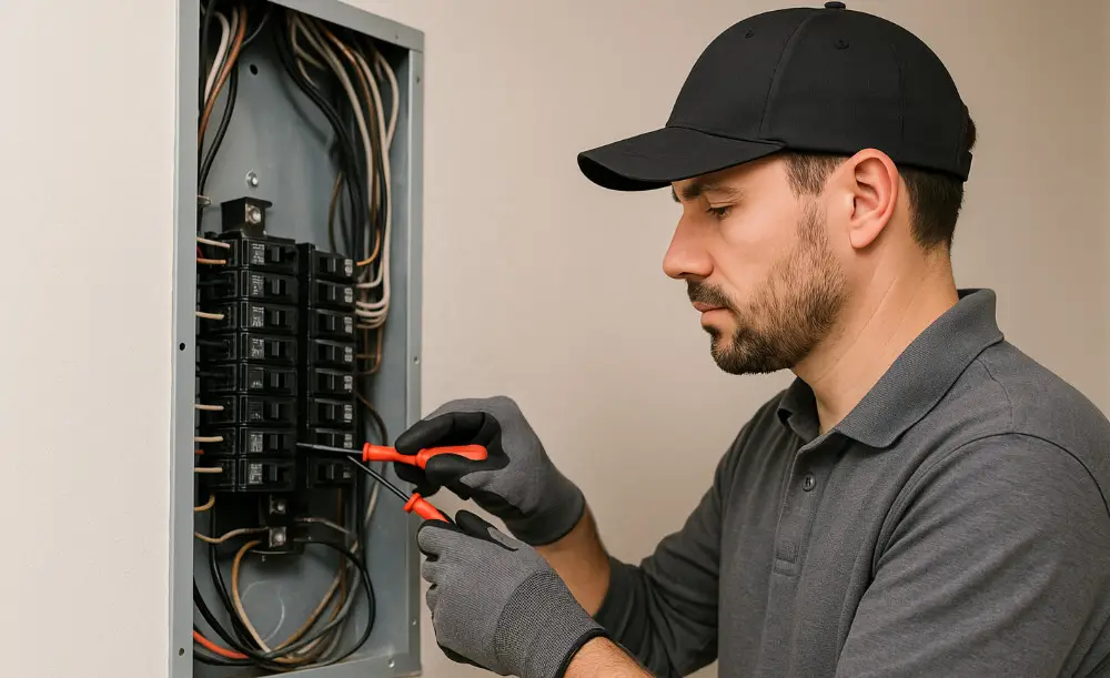 Electrician performing work on an electrical panel.