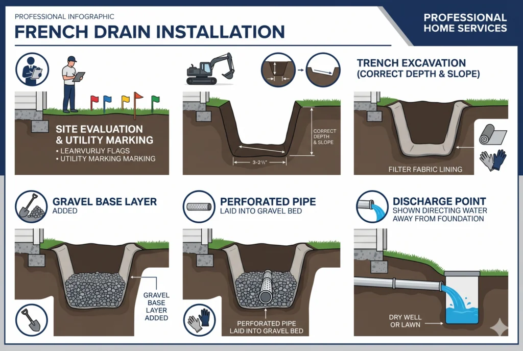 Visual guide showing common yard and foundation drainage warning signs Westchester homeowners should watch for, including soggy lawn, foundation water stains, and basement seepage