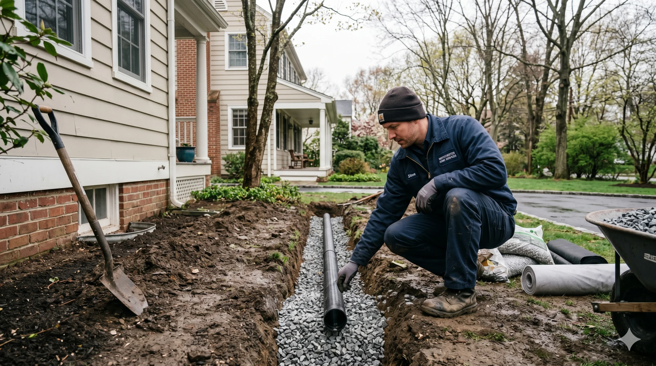 French drain installation near a residential home foundation in Westchester, NY, with a gravel-filled trench redirecting water away from the property