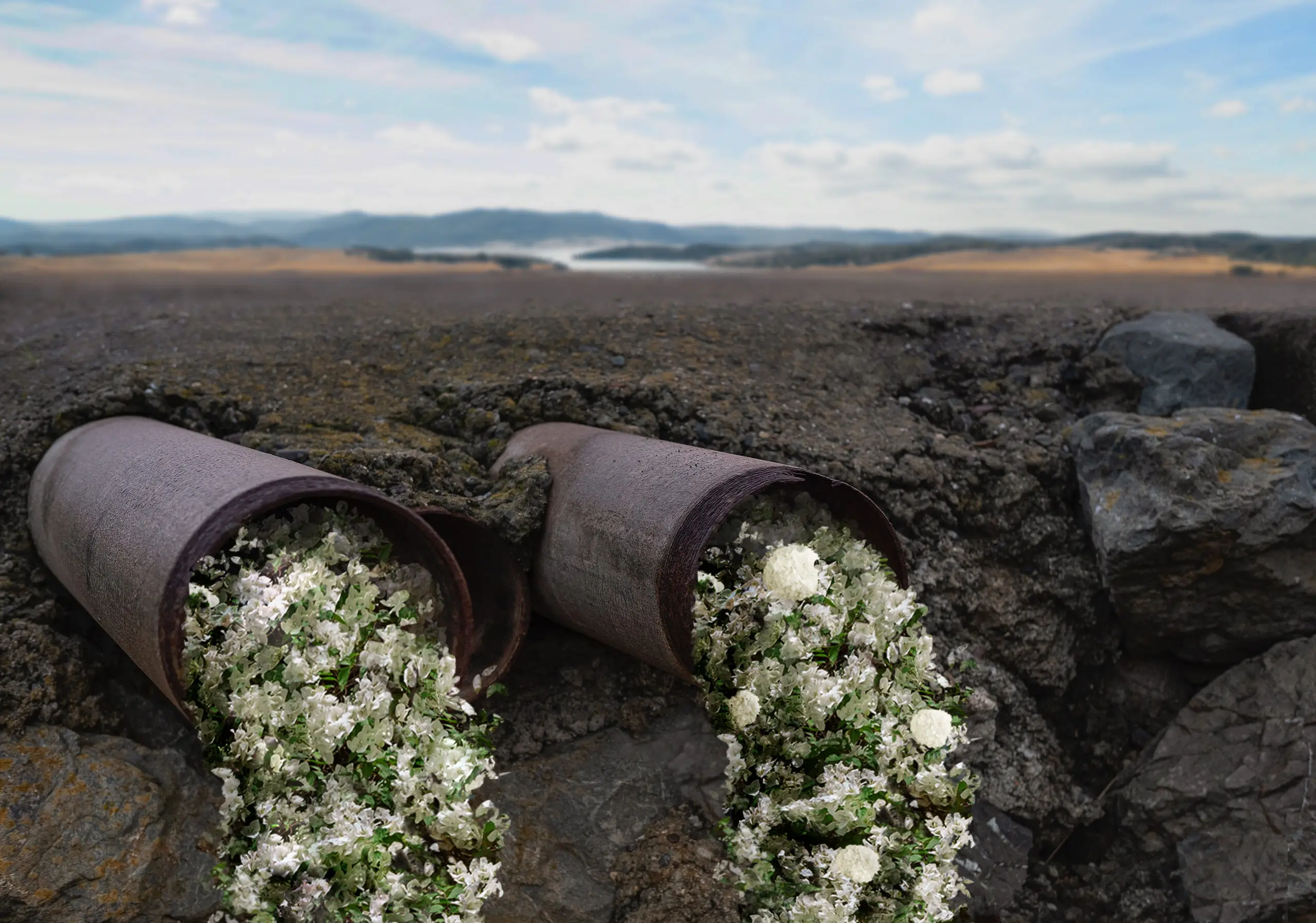 A conceptual close-up image showing two rusty drainage pipes protruding from a rocky bank, with dense streams of small white flowers spilling out of them instead of wastewater, set against a blurry natural landscape background.